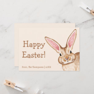 Cute Brown Bunny With Big Ears Beige Happy Easter Card