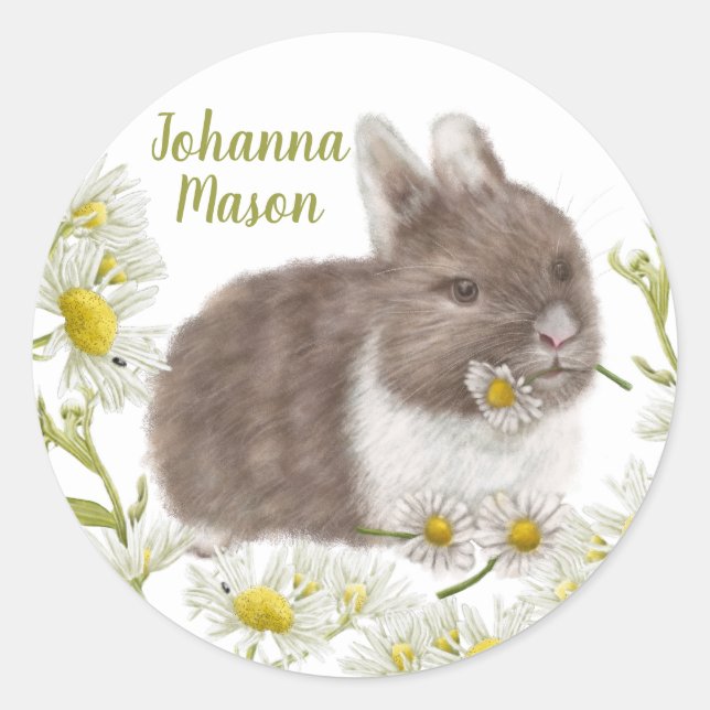Cute Brown Bunny with Daisies Round Sticker (Front)