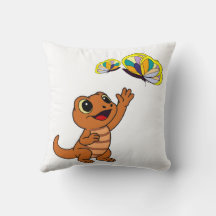 Cute Brown Cartoon Lizard Reaching Butterflies