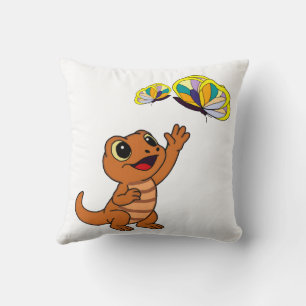 Cute Brown Cartoon Lizard Reaching Butterflies Cushion