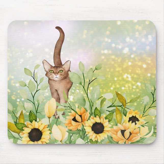 Cute Brown Cat in a Sunflower Garden Mousepad (Front)