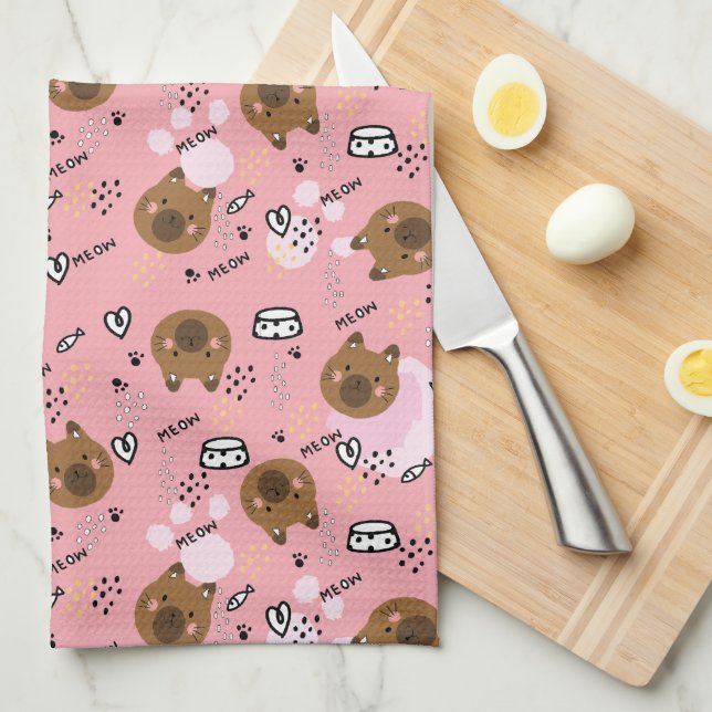 Cute Brown Cat Pattern Tea Towel (Quarter Fold)