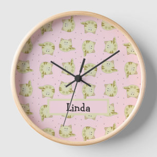 Cute brown cat pink pattern clock
