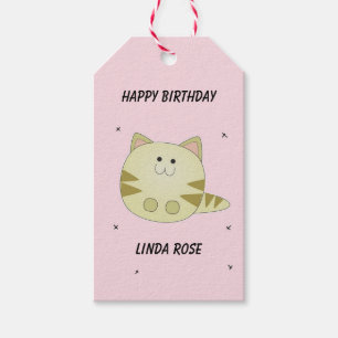 Cute brown cat pink pattern happy birthday gift tags