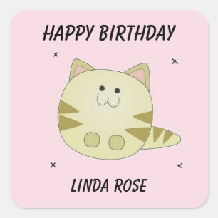 Cute brown cat pink pattern happy birthday square sticker
