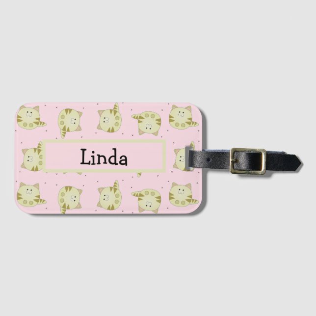 Cute brown cat pink pattern luggage tag (Front Horizontal)