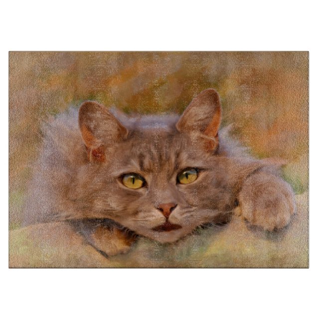 Cute Brown Cat Watercolor Oil Painting Art Cutting Board (Front)