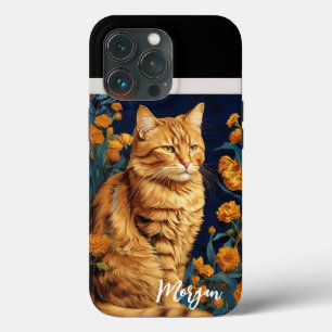 Cute Brown Cat Yellow Flowers Portrait Van Gogh iPhone 13 Pro Case
