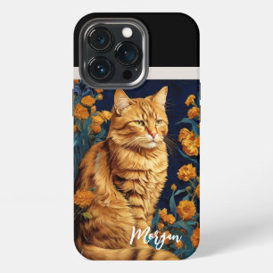Cute Brown Cat Yellow Flowers Portrait Van Gogh iPhone 13 Pro Case