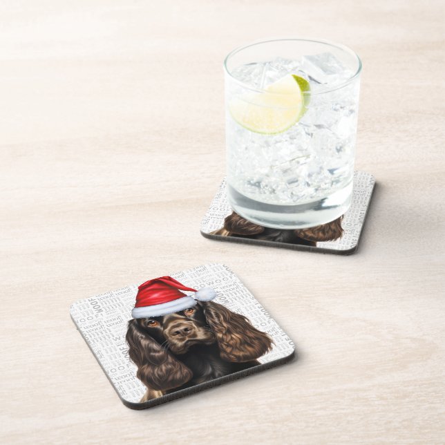 Cute Brown Cocker Spaniel Santa Dog Holiday Coaster (Right Side)