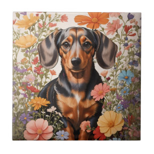 Cute Brown Dachshund And Cosmos Flowers Ceramic Tile