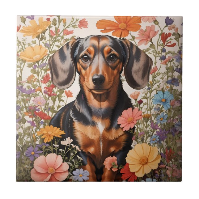 Cute Brown Dachshund And Cosmos Flowers Ceramic Tile (Front)