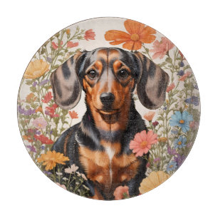 Cute Brown Dachshund And Cosmos Flowers Cutting Board