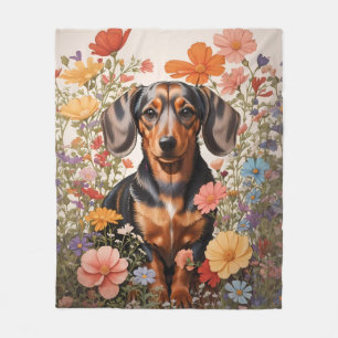 Cute Brown Dachshund And Cosmos Flowers Fleece Blanket
