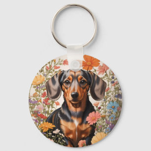 Cute Brown Dachshund And Cosmos Flowers Key Ring