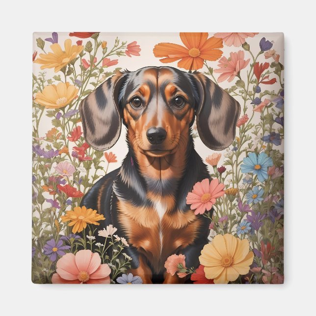 Cute Brown Dachshund And Cosmos Flowers Magnet (Front)