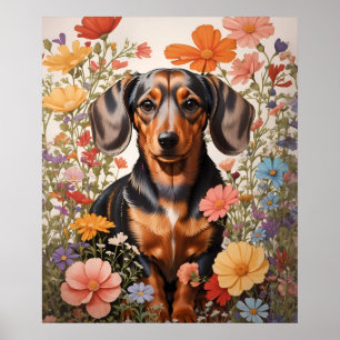 Cute Brown Dachshund And Cosmos Flowers Poster