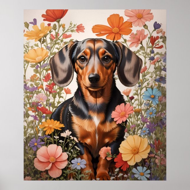 Cute Brown Dachshund And Cosmos Flowers Poster (Front)