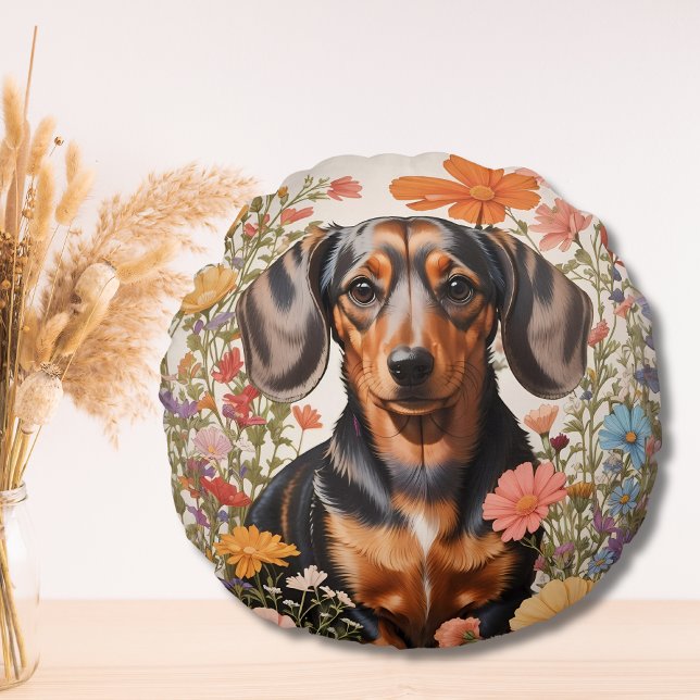 Cute Brown Dachshund And Cosmos Flowers Round Cushion (Creator Uploaded)