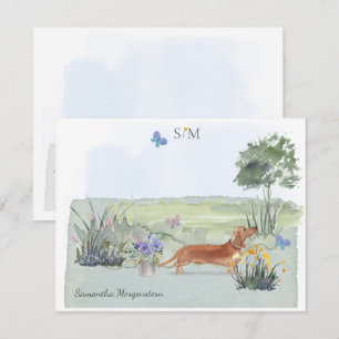 Cute Brown Dachshund Dog Butterfly Monogram Name  Card