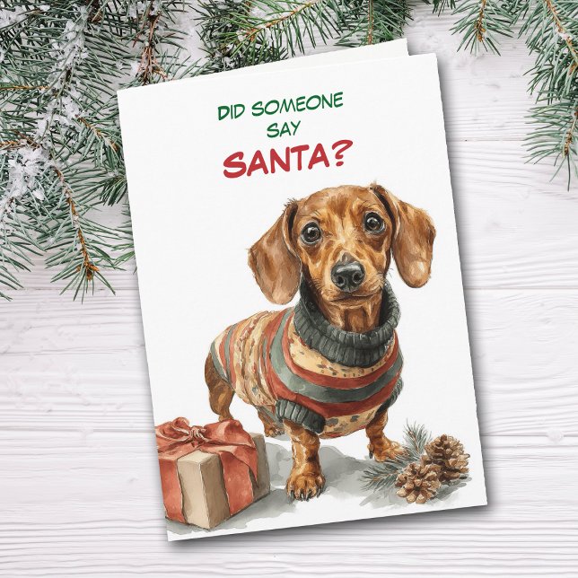 Cute Brown Dachshund Dog Looks for Santa Holiday Card (Creator Uploaded)