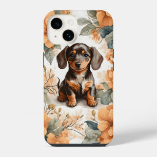 Cute Brown Dachshund Puppy Peach Floral iPhone 14 Case