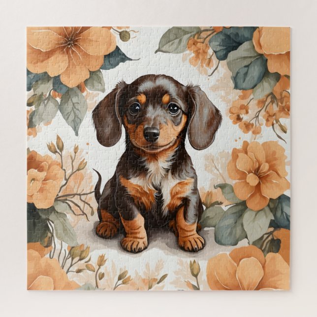 Cute Brown Dachshund Puppy Peach Floral  Jigsaw Puzzle (Vertical)