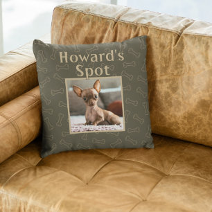 Cute Brown Dog Custom Pet Photo Name Bones Cushion