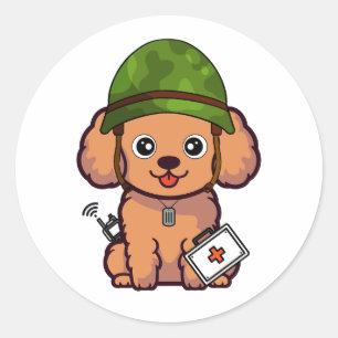 Cute brown Dog Wearing army helmet Classic Round Sticker