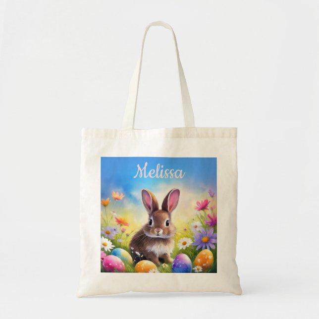 Cute Brown Easter Baby Bunny Name Tote Bag (Front)