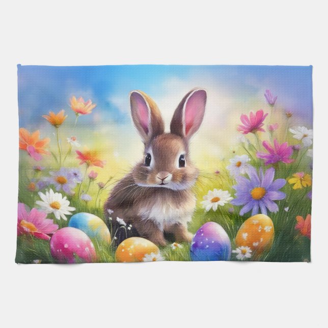 Cute Brown Easter Baby Bunny Tea Towel (Horizontal)