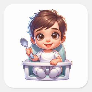 Cute Brown Eyed Baby Boy Holding a Spoon Square Sticker