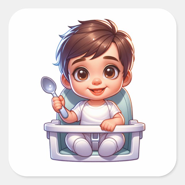 Cute Brown Eyed Baby Boy Holding a Spoon Square Sticker (Front)