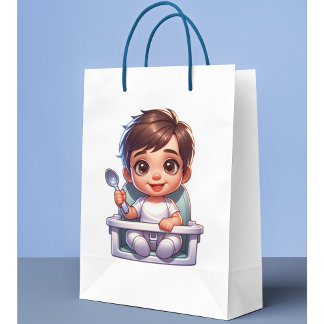 Cute Brown Eyed Baby Boy Holding a Spoon Square Sticker