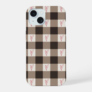 Cute Brown Gingham Plaid Hearts Pattern iPhone 15 Case