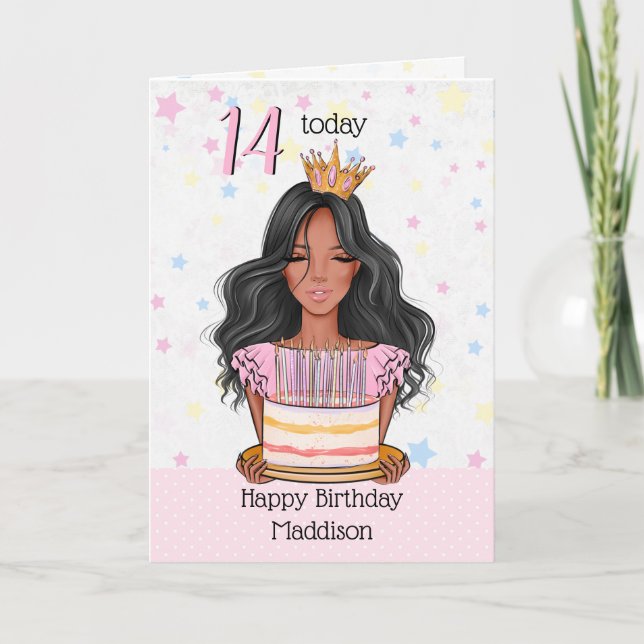 Cute Brown Girl with Cake Happy Birthday Card (Front)