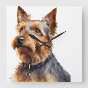 CUTE BROWN & GRAY AUSTRALIAN TERRIER DOG SQUARE WALL CLOCK