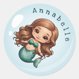 Cute Brown Hair and Eyes Mermaid Personalise Classic Round Sticker