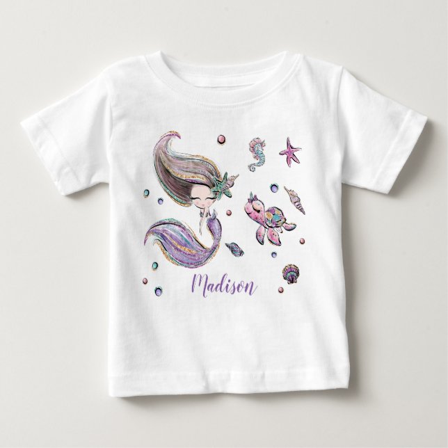 Cute Brown Hair Mermaid Under the Sea Girl Baby T-Shirt (Front)