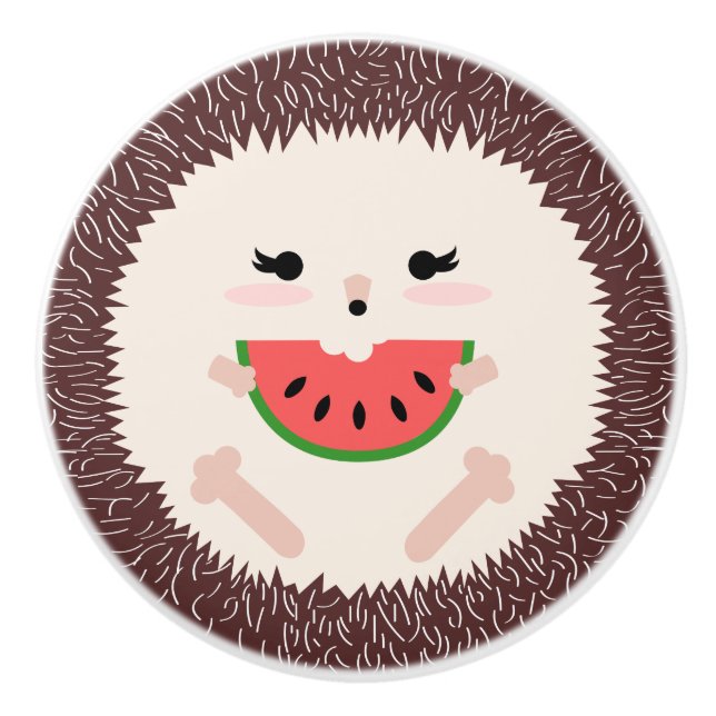 Cute Brown Hedgehog Eating Watermelon Slice Ceramic Knob (Front)
