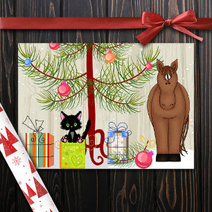 Cute Brown Horse and Kitten Barn Christmas Holiday Card