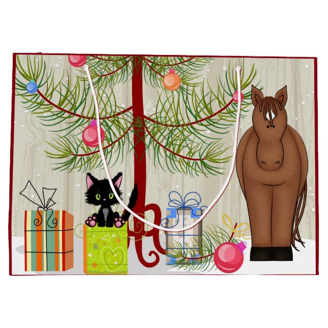 Cute Brown Horse and Kitten Barn Christmas Holiday Large Gift Bag (Back)