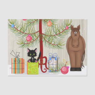 Cute Brown Horse and Kitten Barn Christmas Holiday Tissue Paper