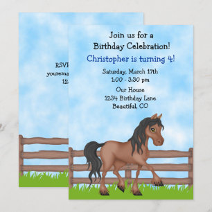 Cute Brown Horse Boys Birthday Party Invitation