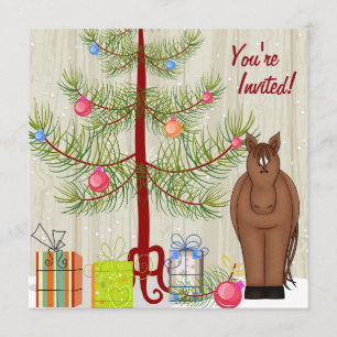 Cute Brown Horse, Christmas Tree Birthday Invite