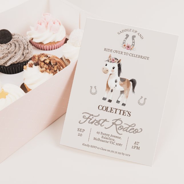 Cute Brown Horse First Rodeo 1st Birthday  Invitation (Girls First Rodeo 1st Birthday Invitation with Horse 1st Birthday Invitation Girl Western Wild West )