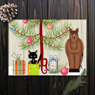 Cute Brown Horse Kitten Funny Farm Flat Christmas Holiday Card