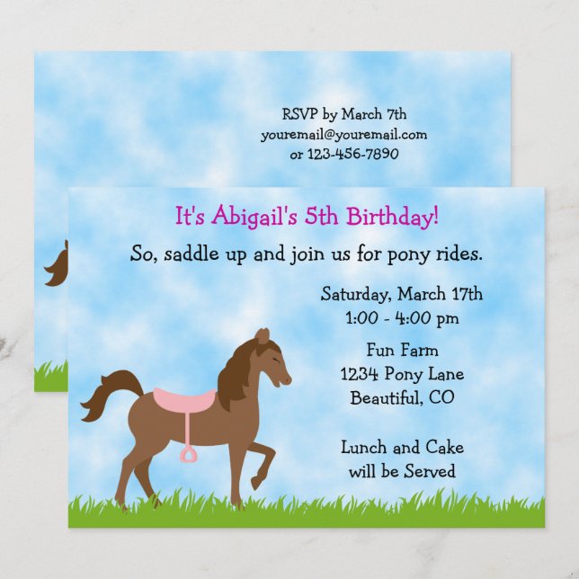 Cute Brown Horse, Pink Saddle Pony Party Birthday Invitation (Front/Back)