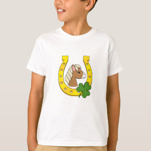Cute Brown Horse w Golden Horse Shoe, Shamrock  T-Shirt