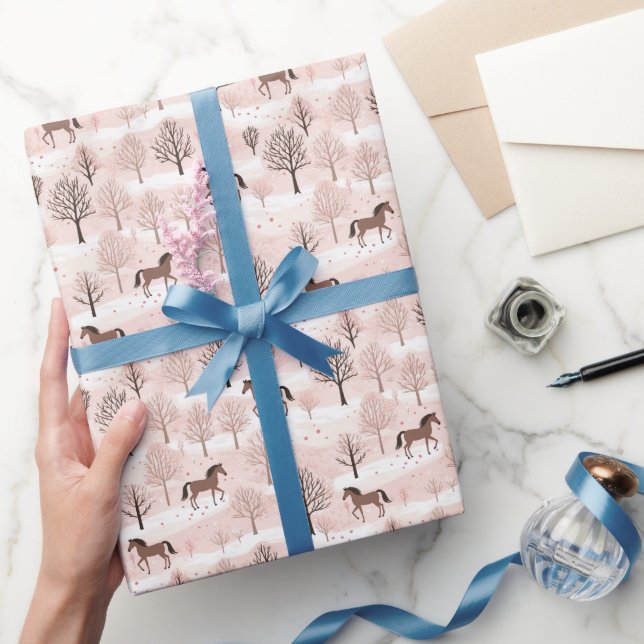 Cute Brown Horses with Pink Snowy Winter Scene Wrapping Paper (Gifting)